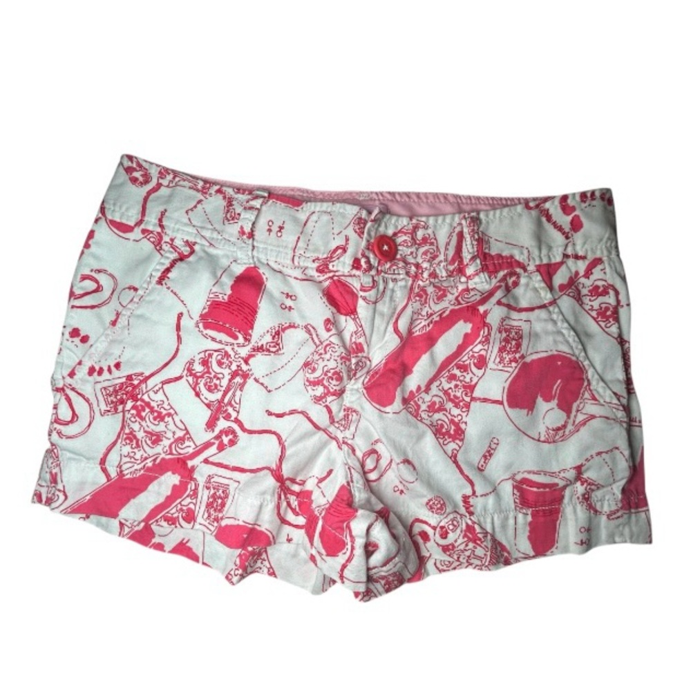 Lilly Pulitzer Spin the Bottle Party Print Pink Red White Chino Shorts Sz 2 - Picture 11 of 11